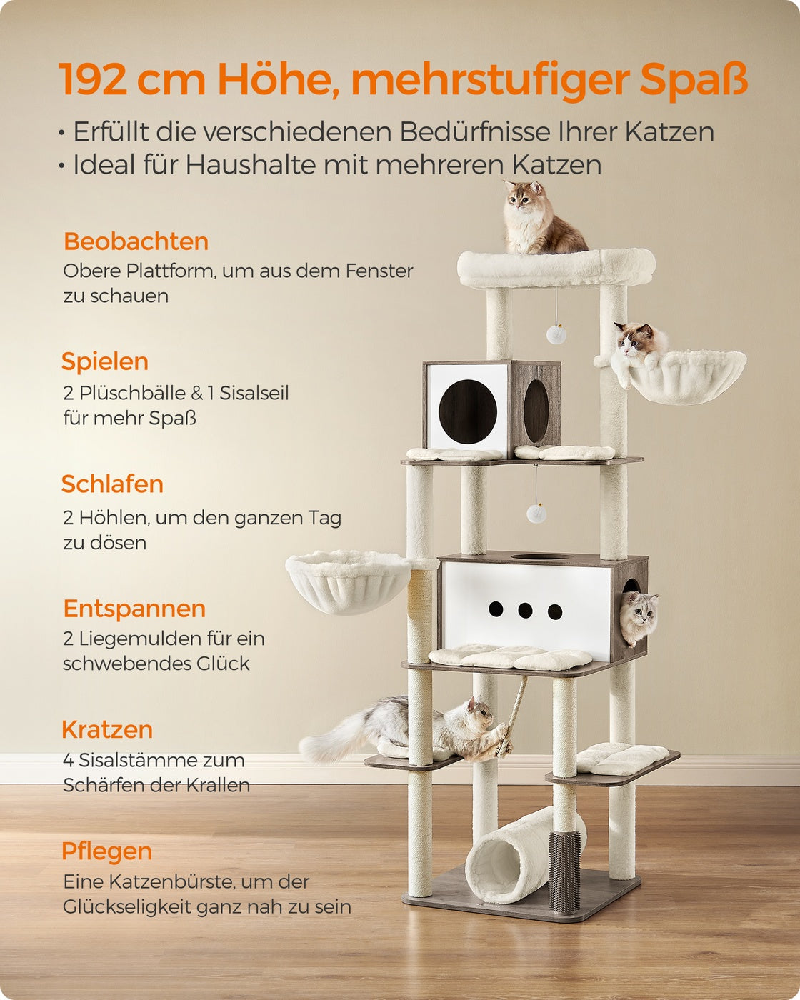 XXL-Katzenkratzbaum – Luxuriöser Kratzturm für mehrere Katzen mit Tunnel, Hängekörben und Spielbällen