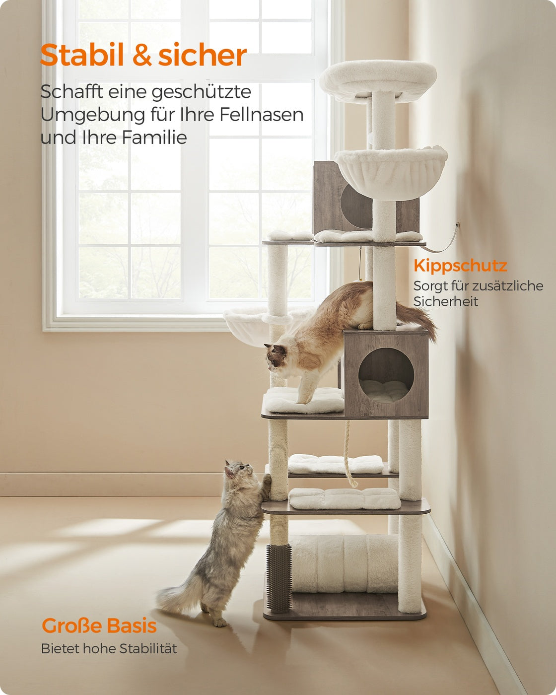 XXL-Katzenkratzbaum – Luxuriöser Kratzturm für mehrere Katzen mit Tunnel, Hängekörben und Spielbällen