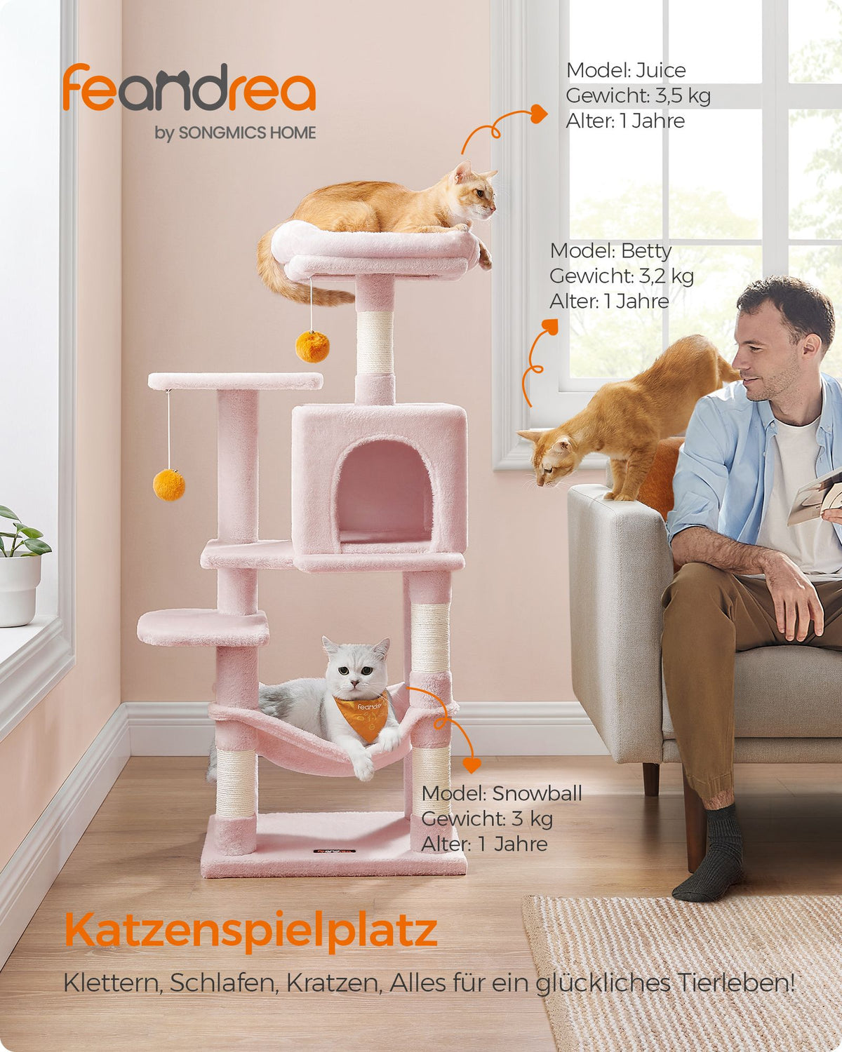 Kompakter Kratzbaum von – Katzenbaum mit Hängematte, Kratzstämmen und Spielbällen für mehrere Katzen
