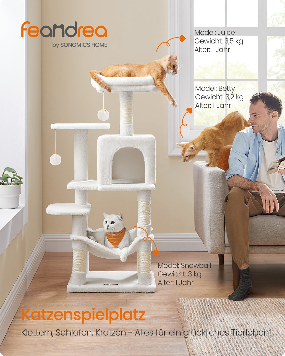 Kompakter Kratzbaum von – Katzenbaum mit Hängematte, Kratzstämmen und Spielbällen für mehrere Katzen