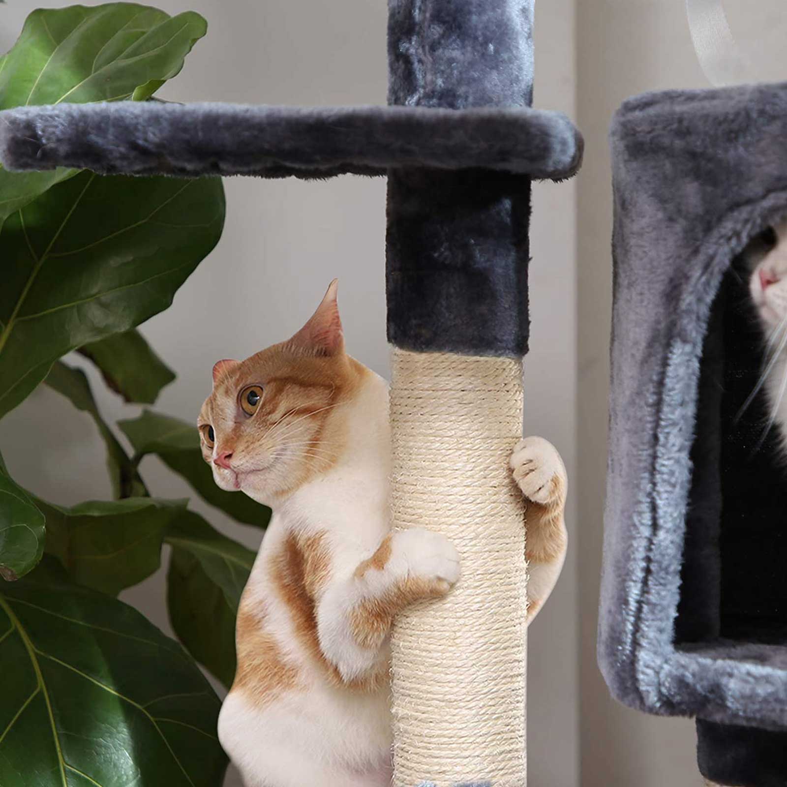 Kratzbaum im Stufendesign – Mit 2 Kuschelhöhlen, Aussichtsplattform, Liegefläche & Haarballen – 120cm hoch – Für 2 Katzen – Grau