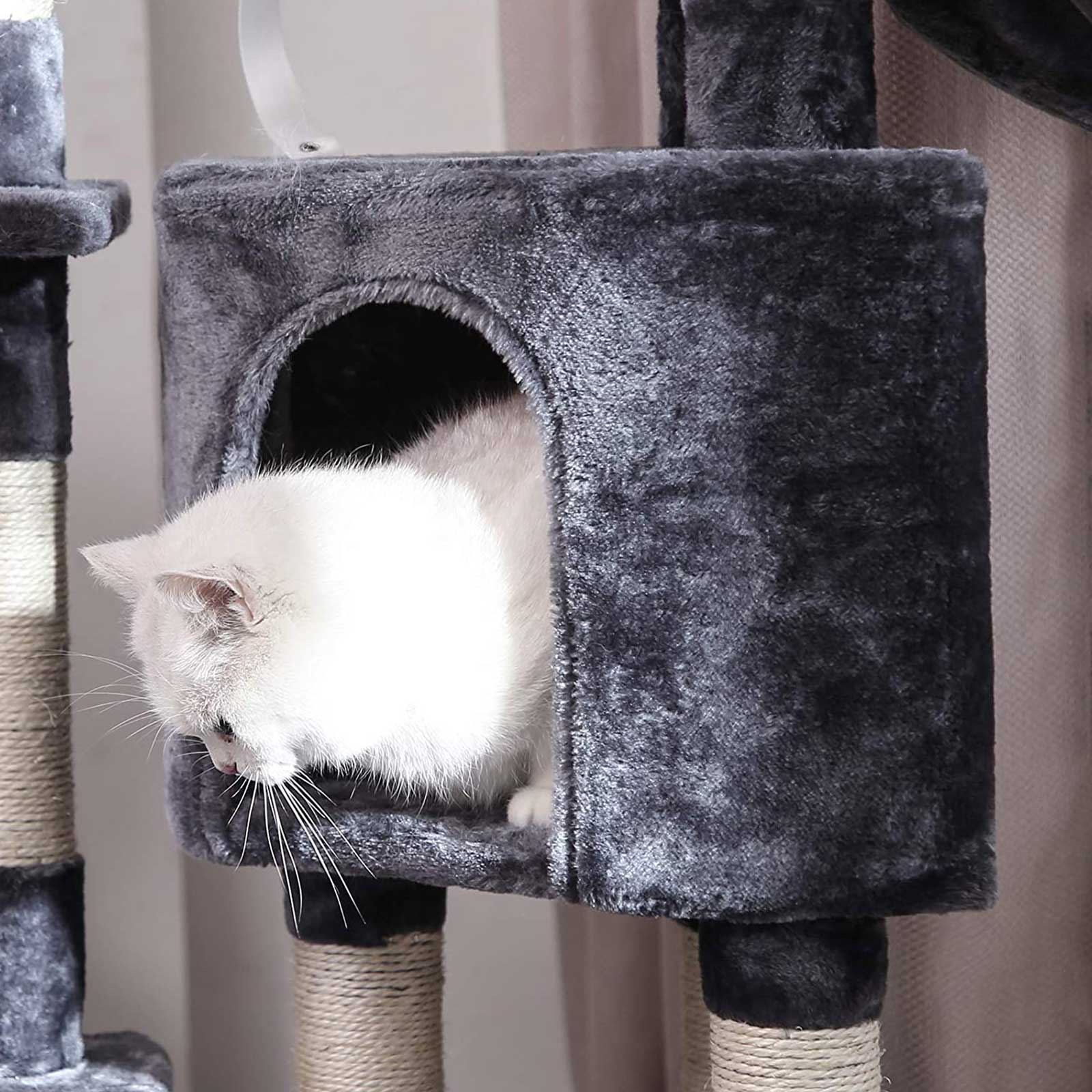 Kratzbaum im Stufendesign – Mit 2 Kuschelhöhlen, Aussichtsplattform, Liegefläche & Haarballen – 120cm hoch – Für 2 Katzen – Grau