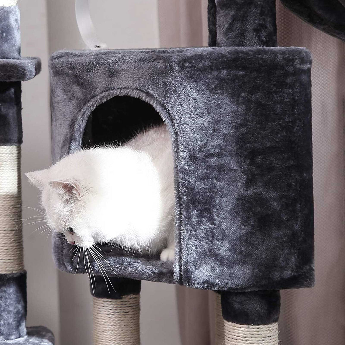 Kratzbaum im Stufendesign – Mit 2 Kuschelhöhlen, Aussichtsplattform, Liegefläche & Haarballen – 120cm hoch – Für 2 Katzen – Grau