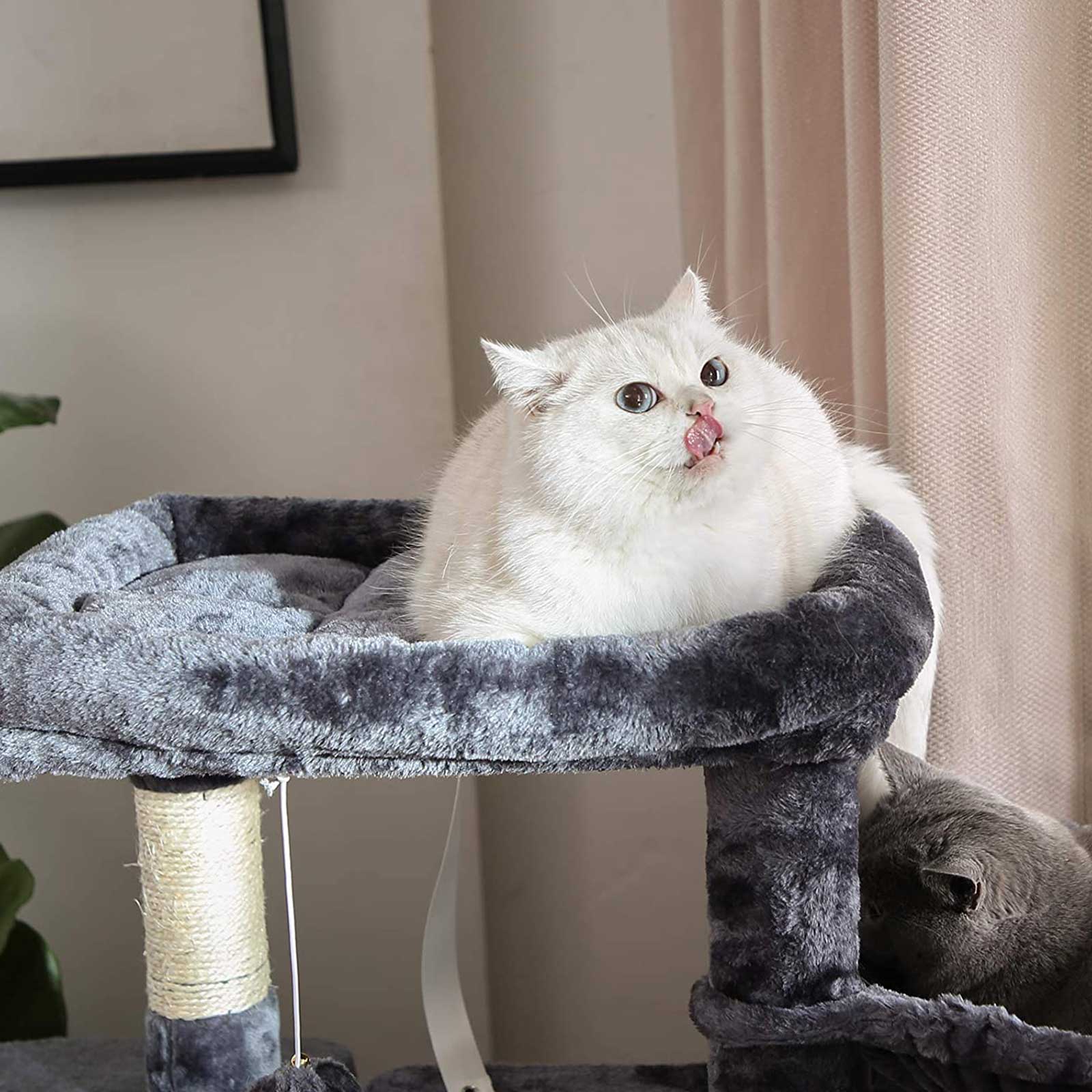 Kratzbaum im Stufendesign – Mit 2 Kuschelhöhlen, Aussichtsplattform, Liegefläche & Haarballen – 120cm hoch – Für 2 Katzen – Grau
