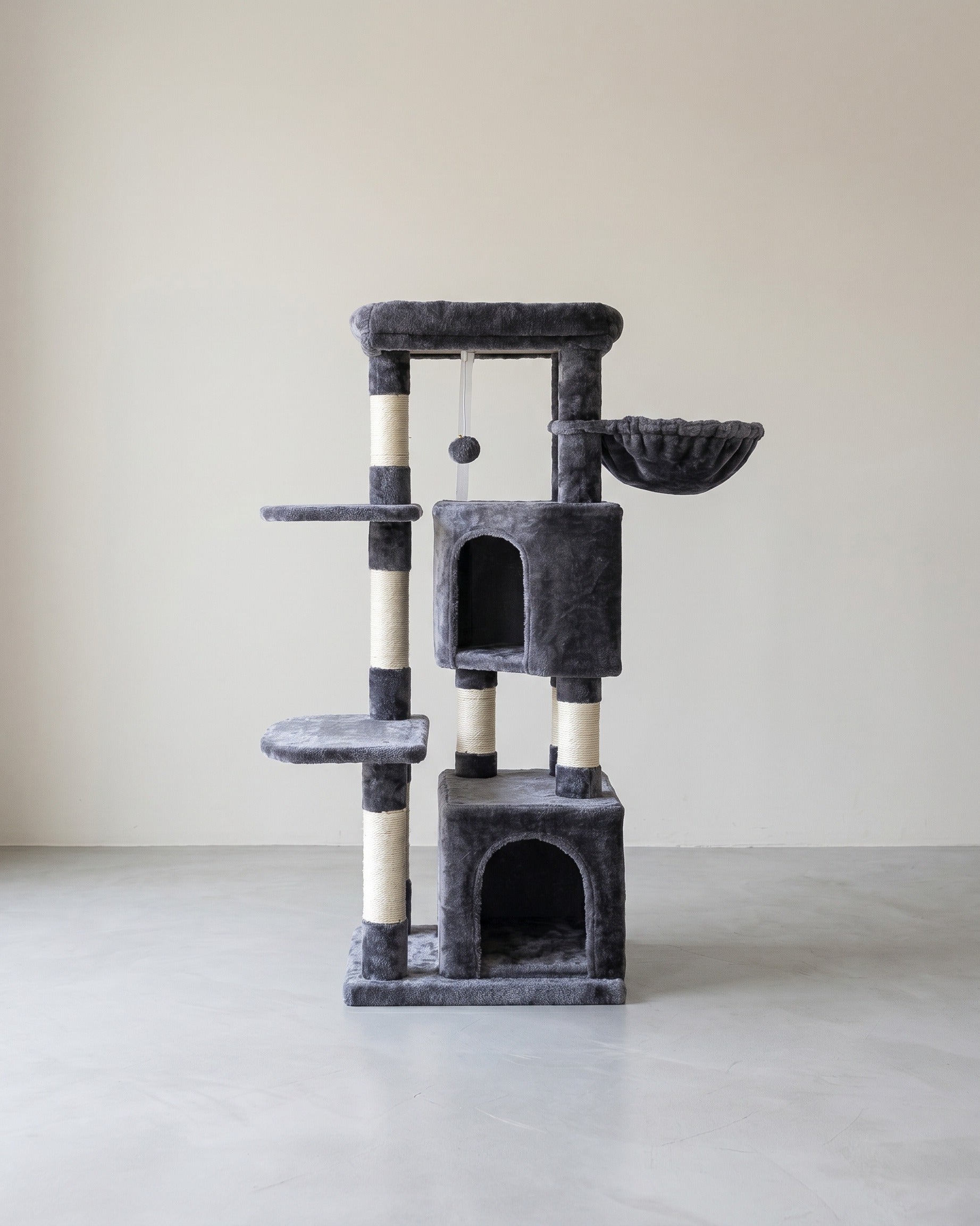 Kratzbaum im Stufendesign – Mit 2 Kuschelhöhlen, Aussichtsplattform, Liegefläche & Haarballen – 120cm hoch – Für 2 Katzen – Grau