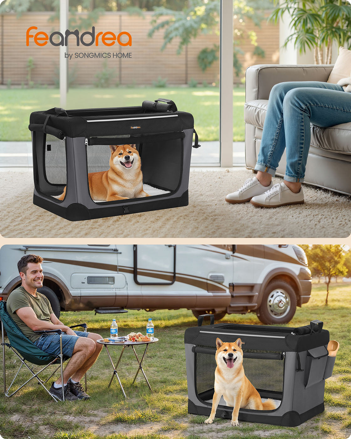Faltbare Hundebox 76 cm – Tragbare Hundetransportbox mit Netztüren und Sherpa-Kissen – Schwarz – Bis zu 25 kg