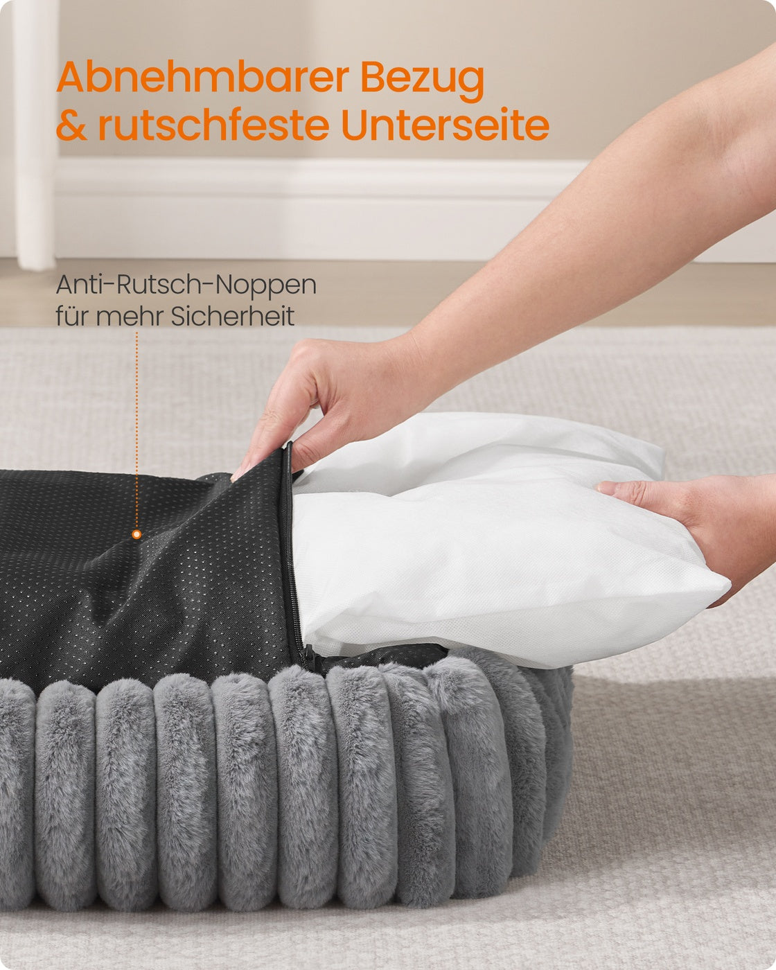 Hundebett – Mittelgroß Orthopädisch – Waschbar – Weiches Geripptes Kunstkaninchenfell – 71 x 55 x 18 cm – 1,7 kg