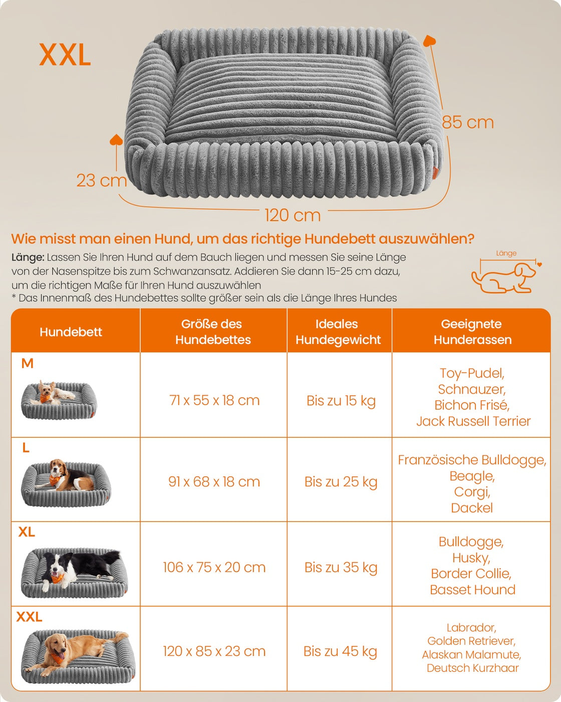 Hundebett – Mittelgroß Orthopädisch – Waschbar – Weiches Geripptes Kunstkaninchenfell – 71 x 55 x 18 cm – 1,7 kg