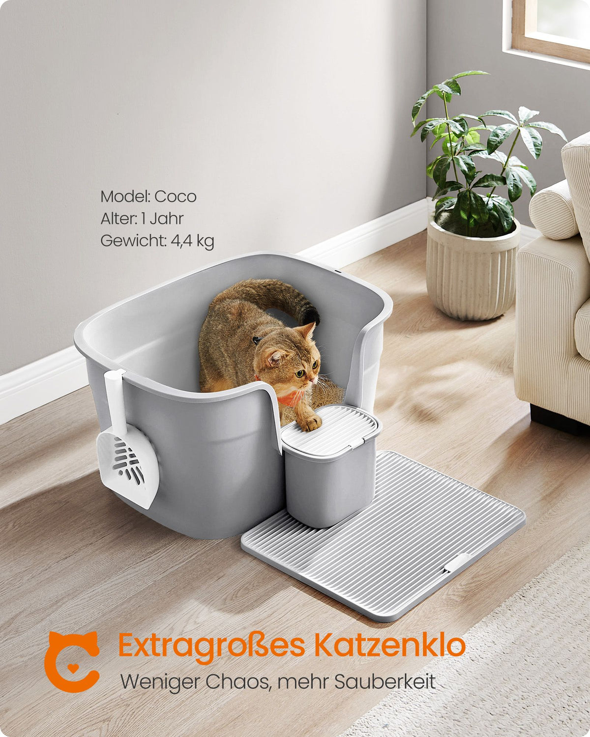 Extra große Katzentoilette mit hohen Wänden – Inklusive Streuauffangbehälter, Aufbewahrungsbox und Schaufel – Für große Katzen bis 15 kg – Taubengrau