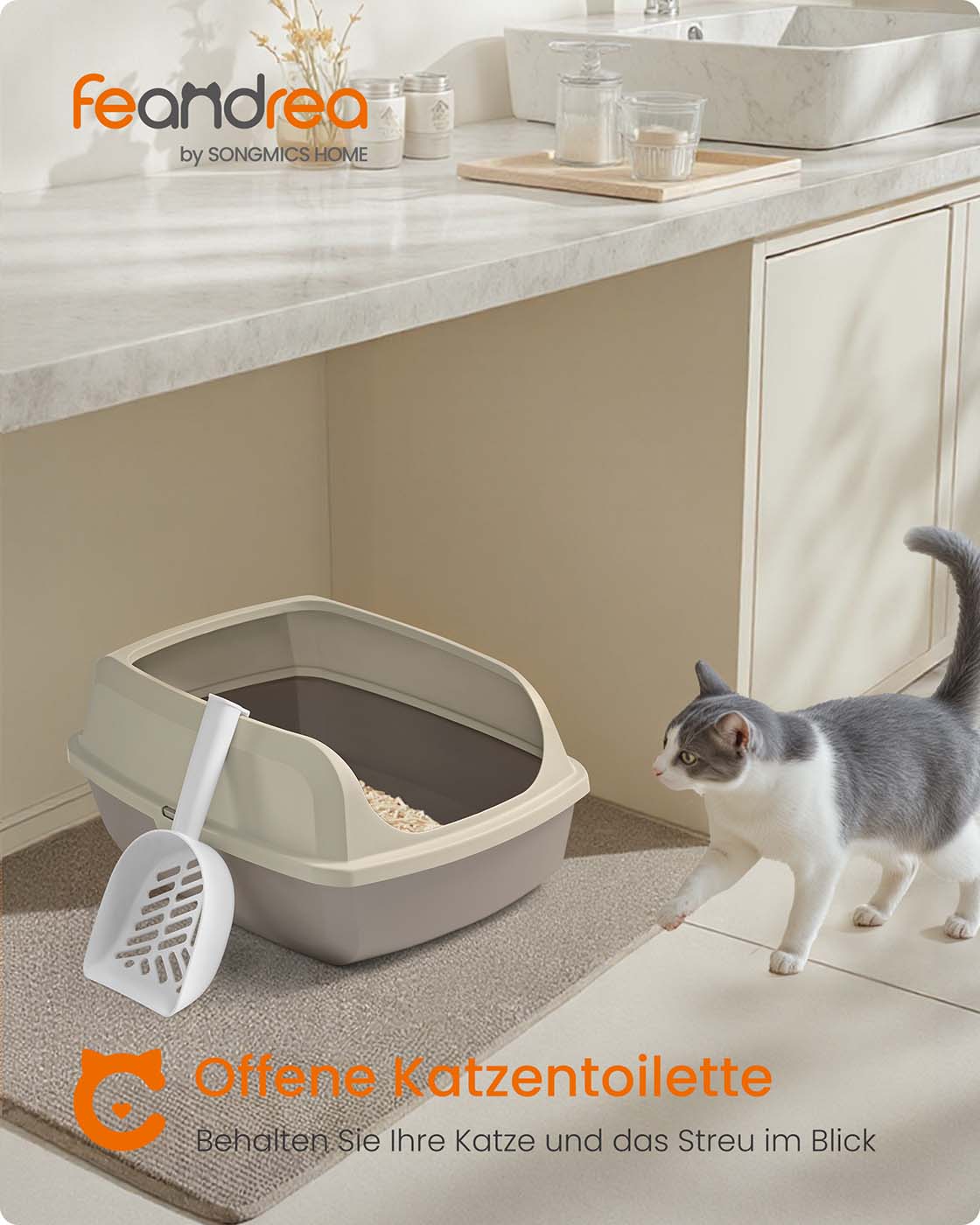 Katzentoilette XL – Offene Oberseite – Hohe Seitenwände – Mit Schaufel – Leicht zu reinigen – Geeignet für große Katzen
