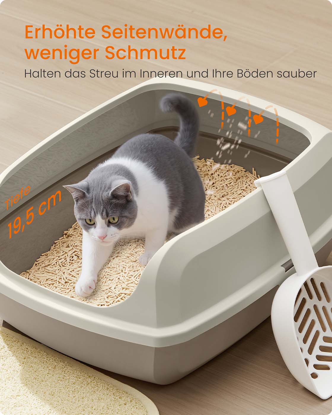 Katzentoilette XL – Offene Oberseite – Hohe Seitenwände – Mit Schaufel – Leicht zu reinigen – Geeignet für große Katzen
