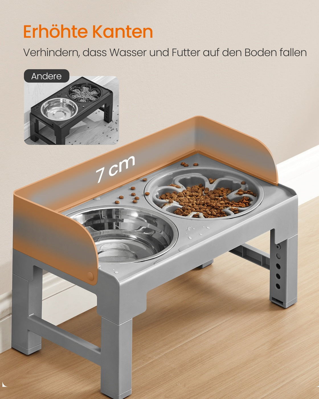 Verstellbarer Hundenapf – 6 Höhen – mit Futter- und Wassernäpfen aus Edelstahl – rutschfest und faltbar – mit Anti-Fress-Napf