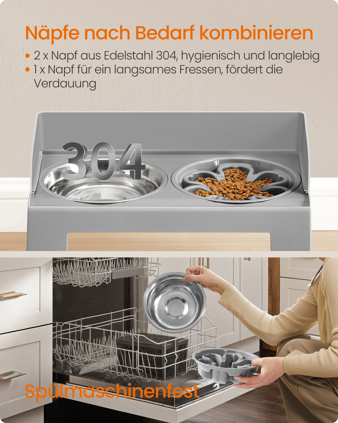 Verstellbarer Hundenapf – 6 Höhen – mit Futter- und Wassernäpfen aus Edelstahl – rutschfest und faltbar – mit Anti-Fress-Napf