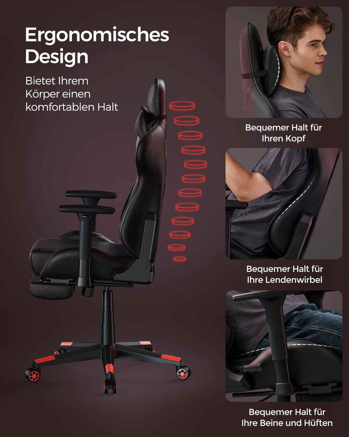 Gaming Bürostuhl – Ergonomisch verstellbar – Mit Fußstütze & Wippfunktion – Belastbar bis 150 kg