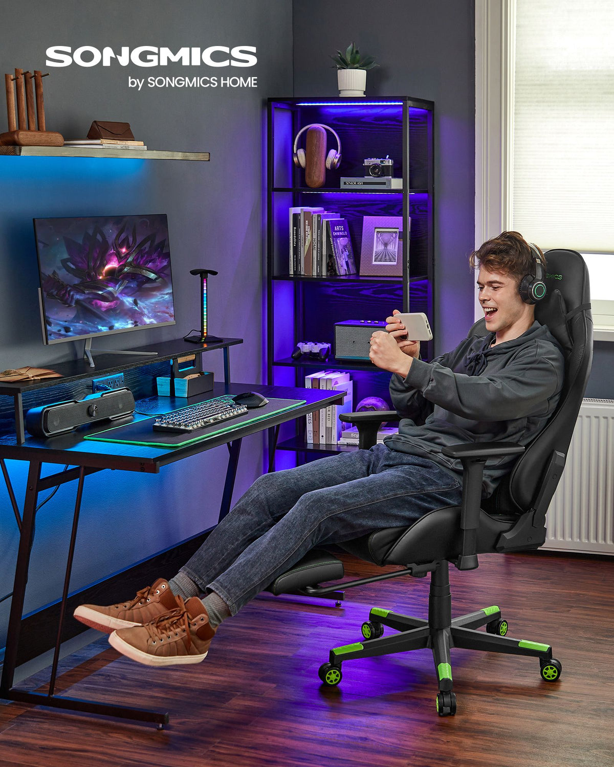 Gaming Bürostuhl – Ergonomisch verstellbar – Mit Fußstütze & Wippfunktion – Belastbar bis 150 kg