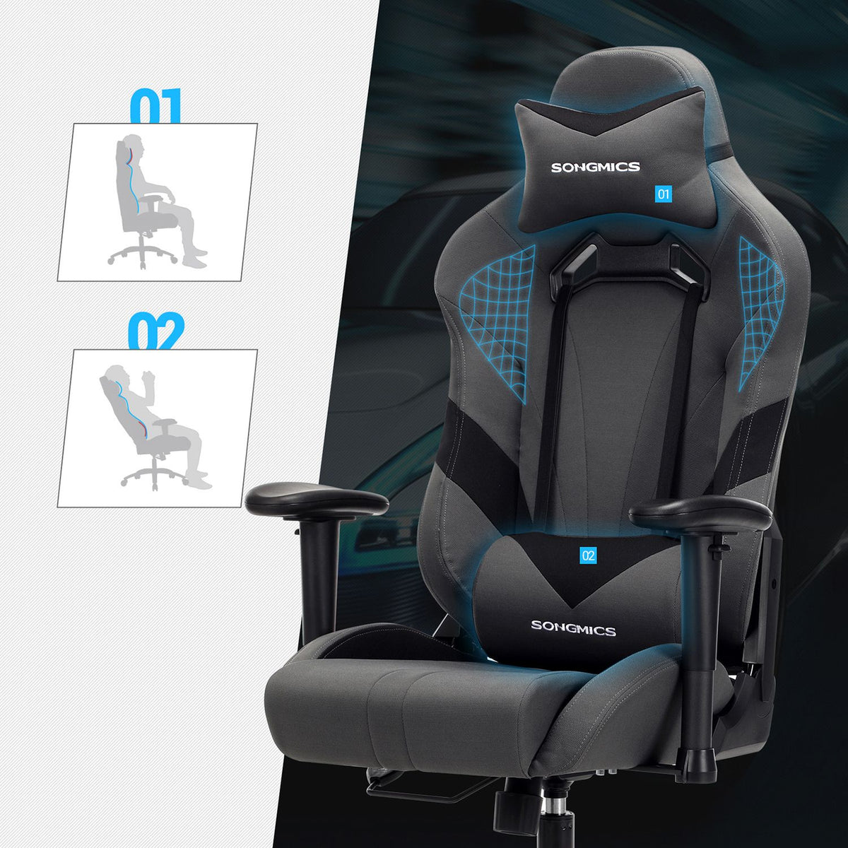 Ergonomischer Gaming-Stuhl – Verstellbarer Bürostuhl – Grau