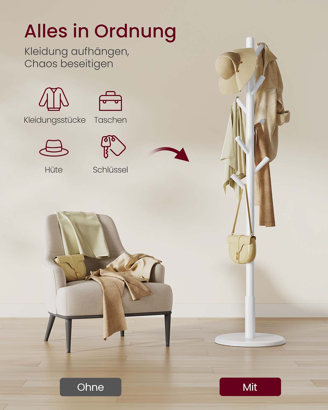 Garderobenständer – Massivholz – Freistehend – 3-fach höhenverstellbar – Runder Sockel – Tragkraft 40 kg