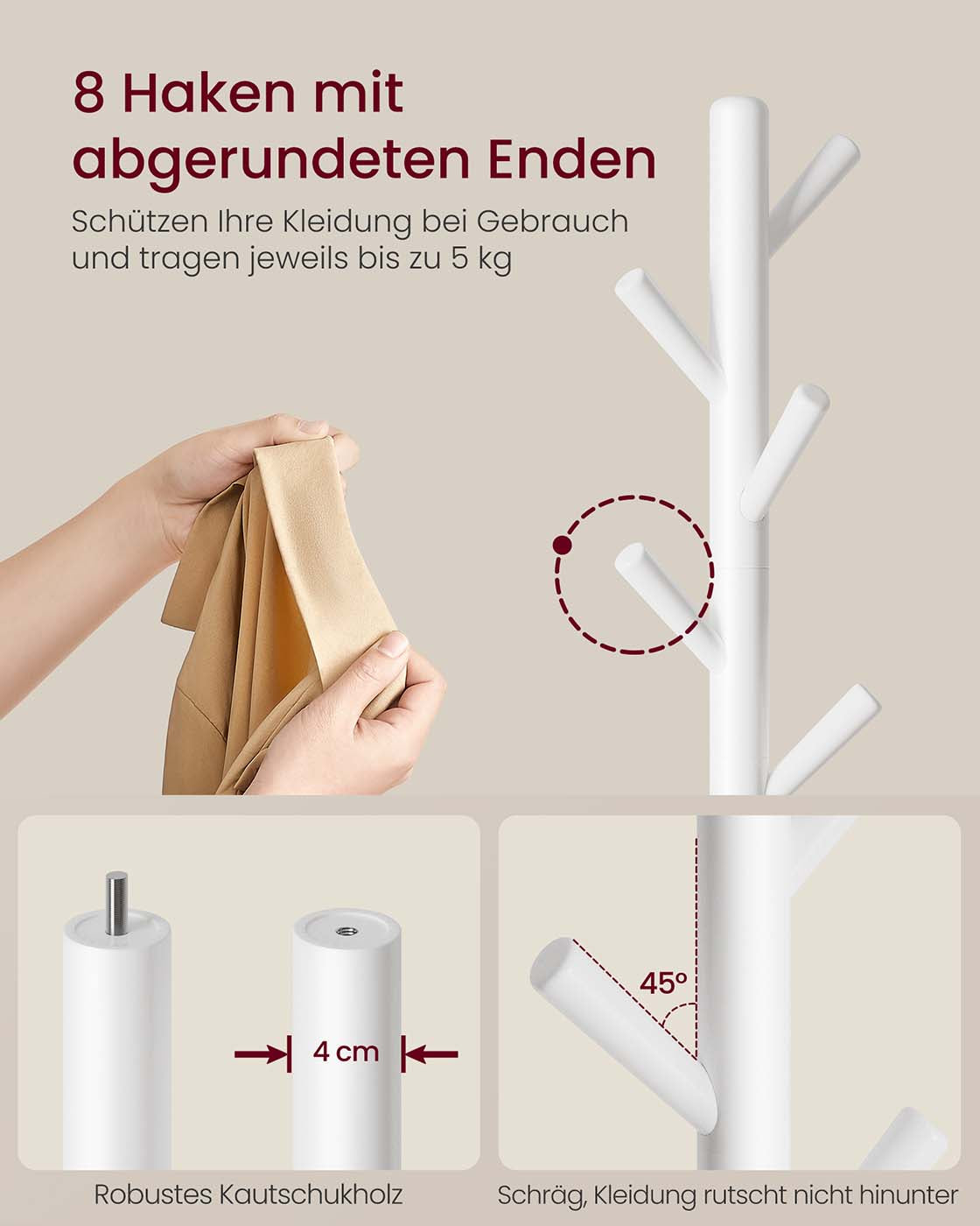 Garderobenständer – Massivholz – Freistehend – 3-fach höhenverstellbar – Runder Sockel – Tragkraft 40 kg