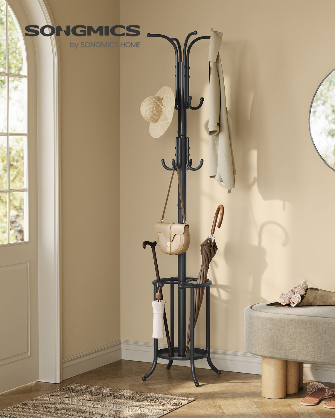 Kleiderständer – Freistehend – Regenschirmhalter – 12 Haken – Metall – 175 cm hoch – 40 x 40 cm