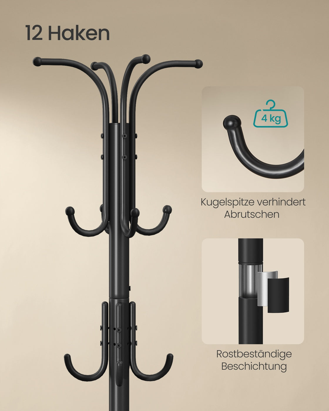 Kleiderständer – Freistehend – Regenschirmhalter – 12 Haken – Metall – 175 cm hoch – 40 x 40 cm