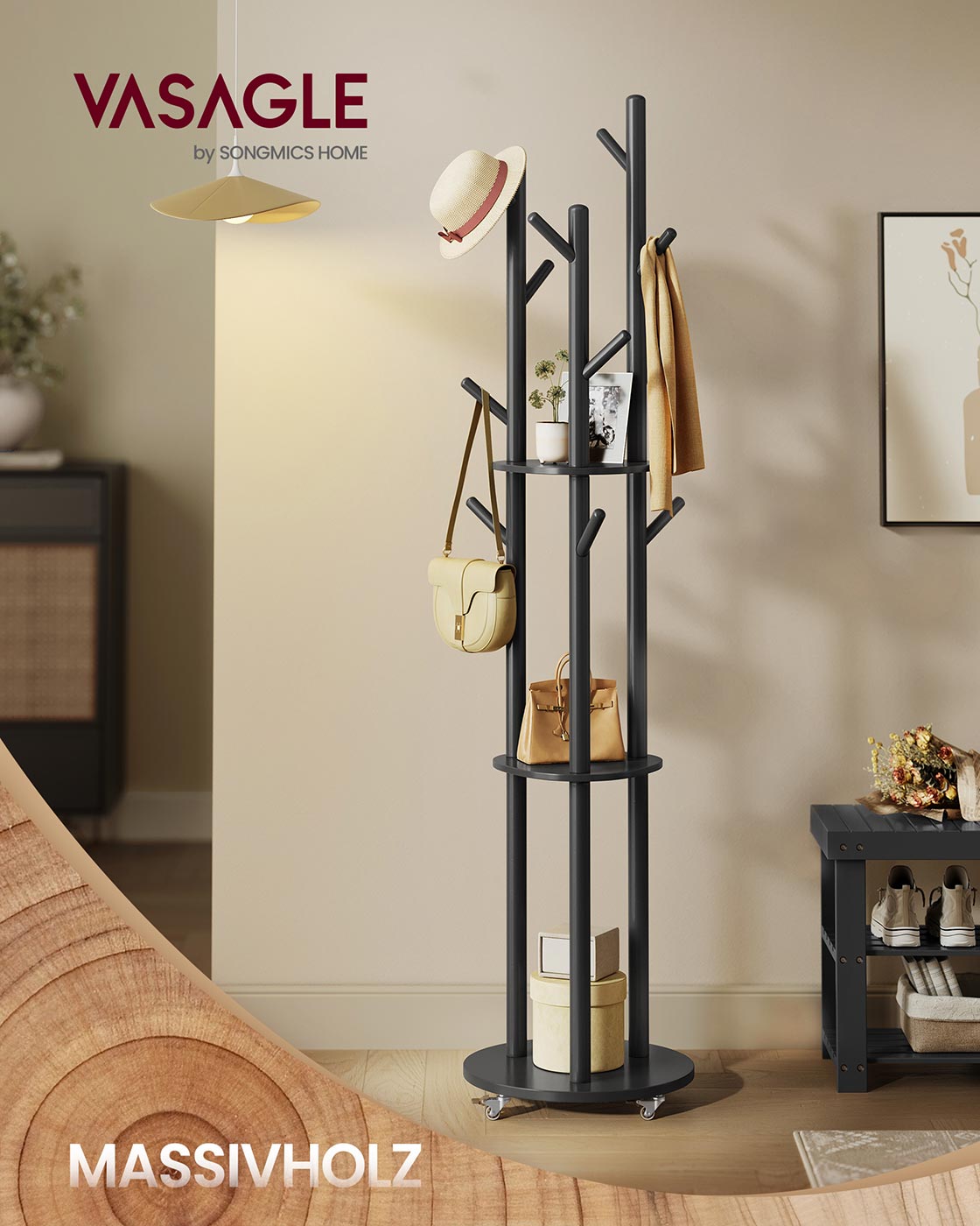 Standgarderobe mit Massivholzregalen und Haken - Mit Rädern