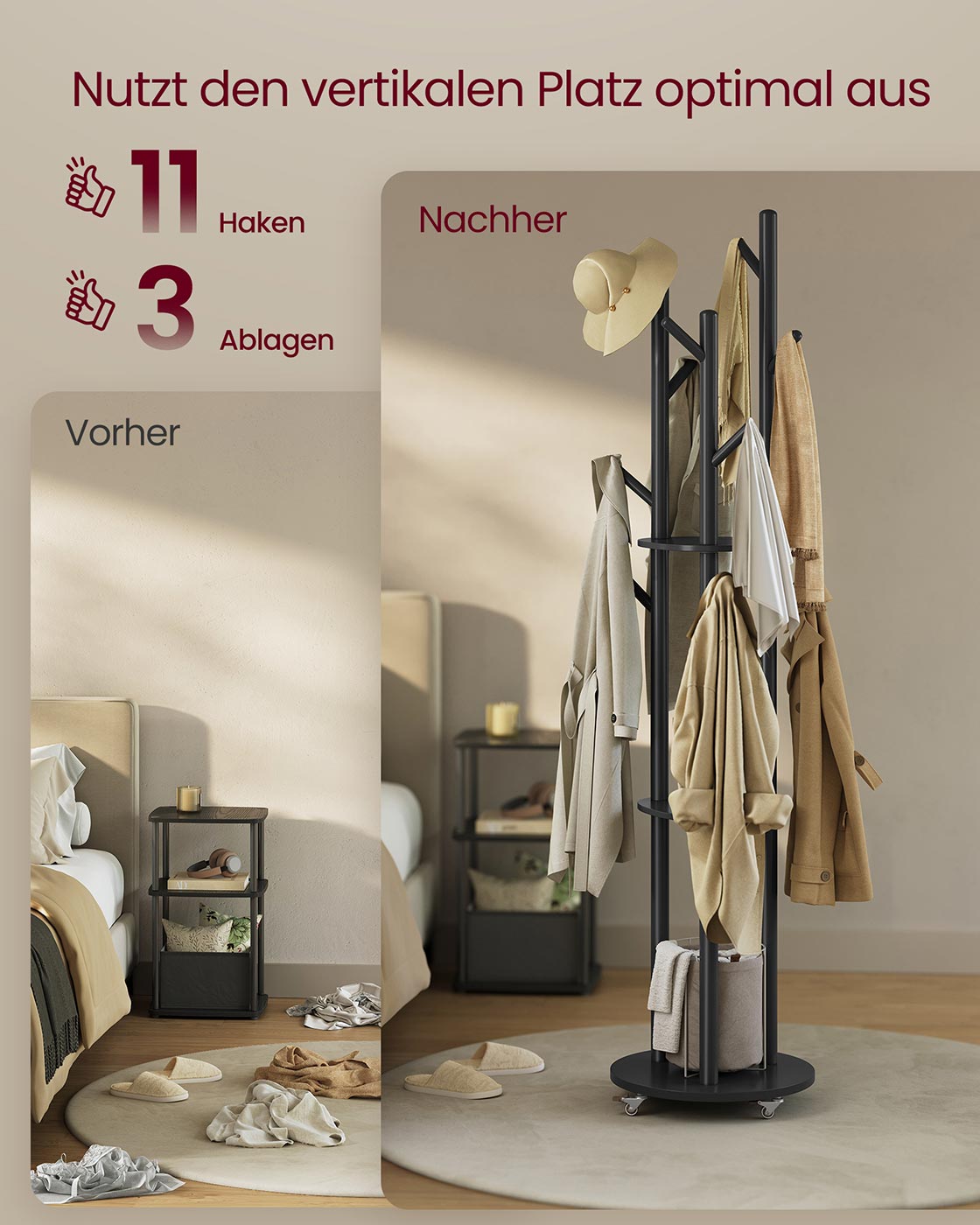 Standgarderobe mit Massivholzregalen und Haken - Mit Rädern