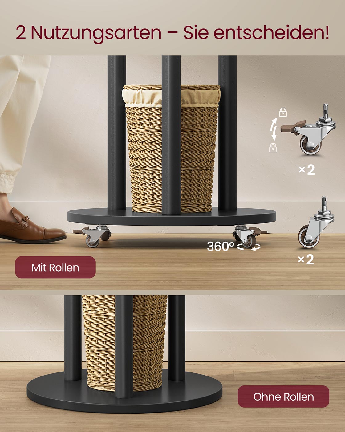 Standgarderobe mit Massivholzregalen und Haken - Mit Rädern