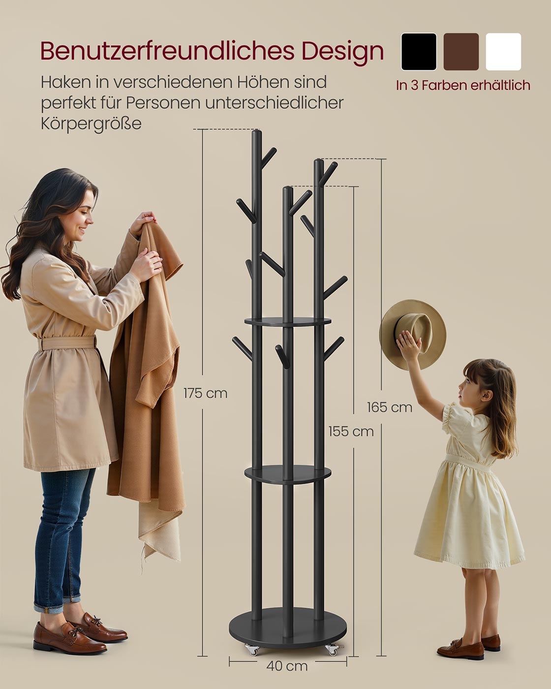 Standgarderobe mit Massivholzregalen und Haken - Mit Rädern