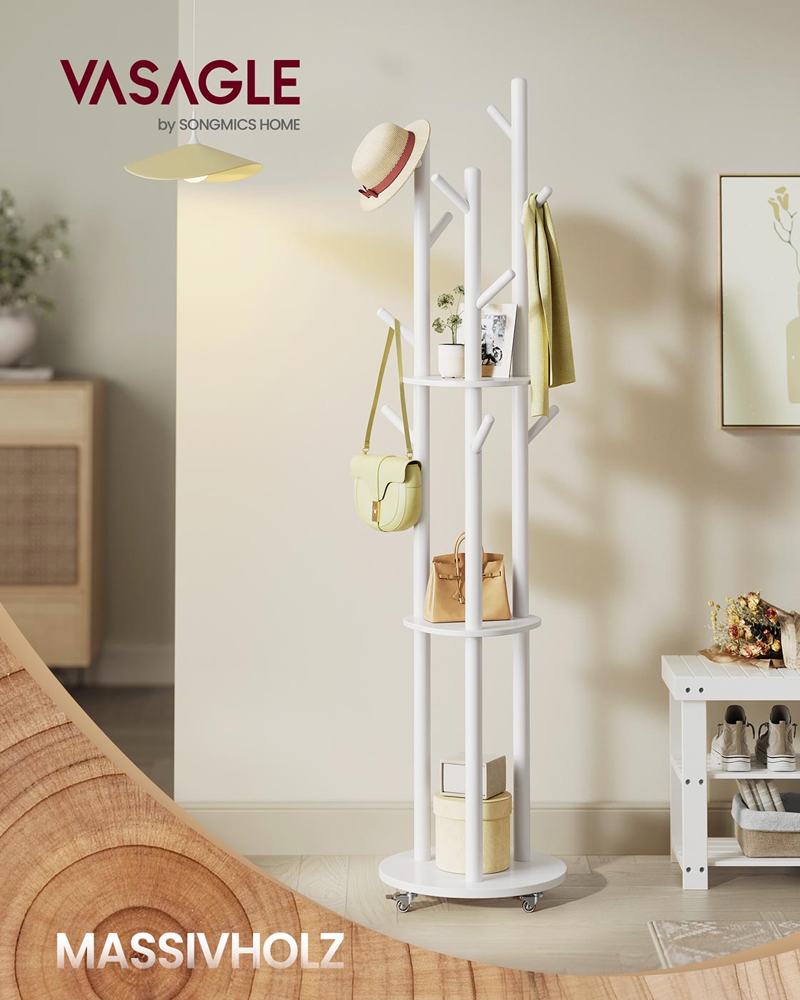 Standgarderobe mit Massivholzregalen und Haken - Mit Rädern