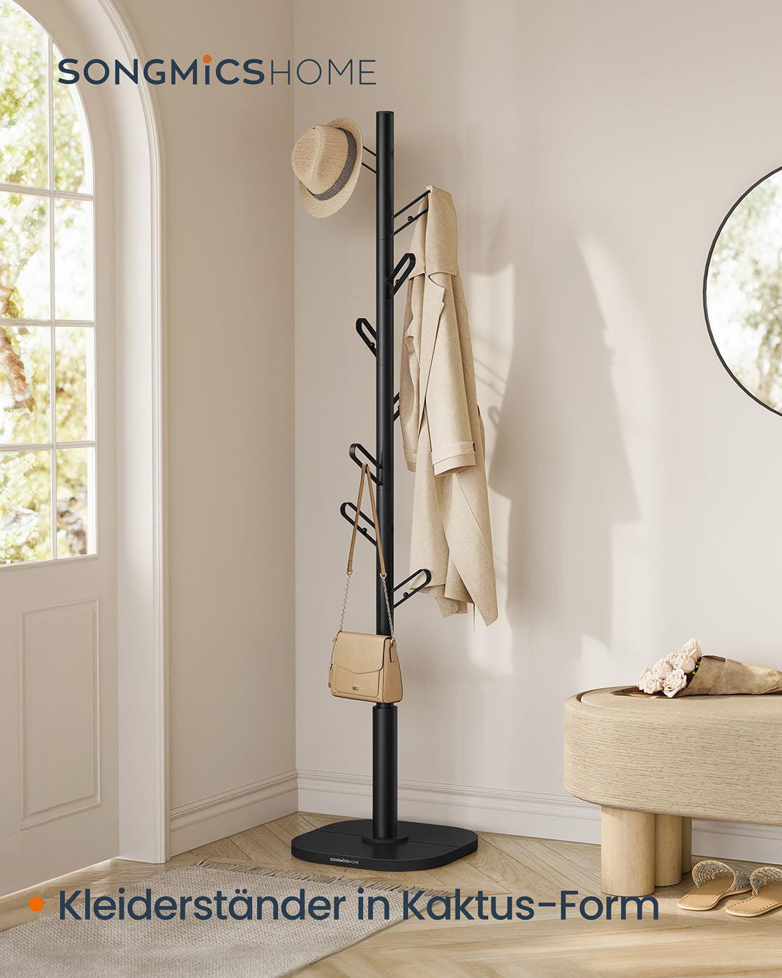 Freistehende Garderobe in Kaktusform – Metall und MDF – 175 cm hoch – Für Mäntel, Taschen, Schals und mehr