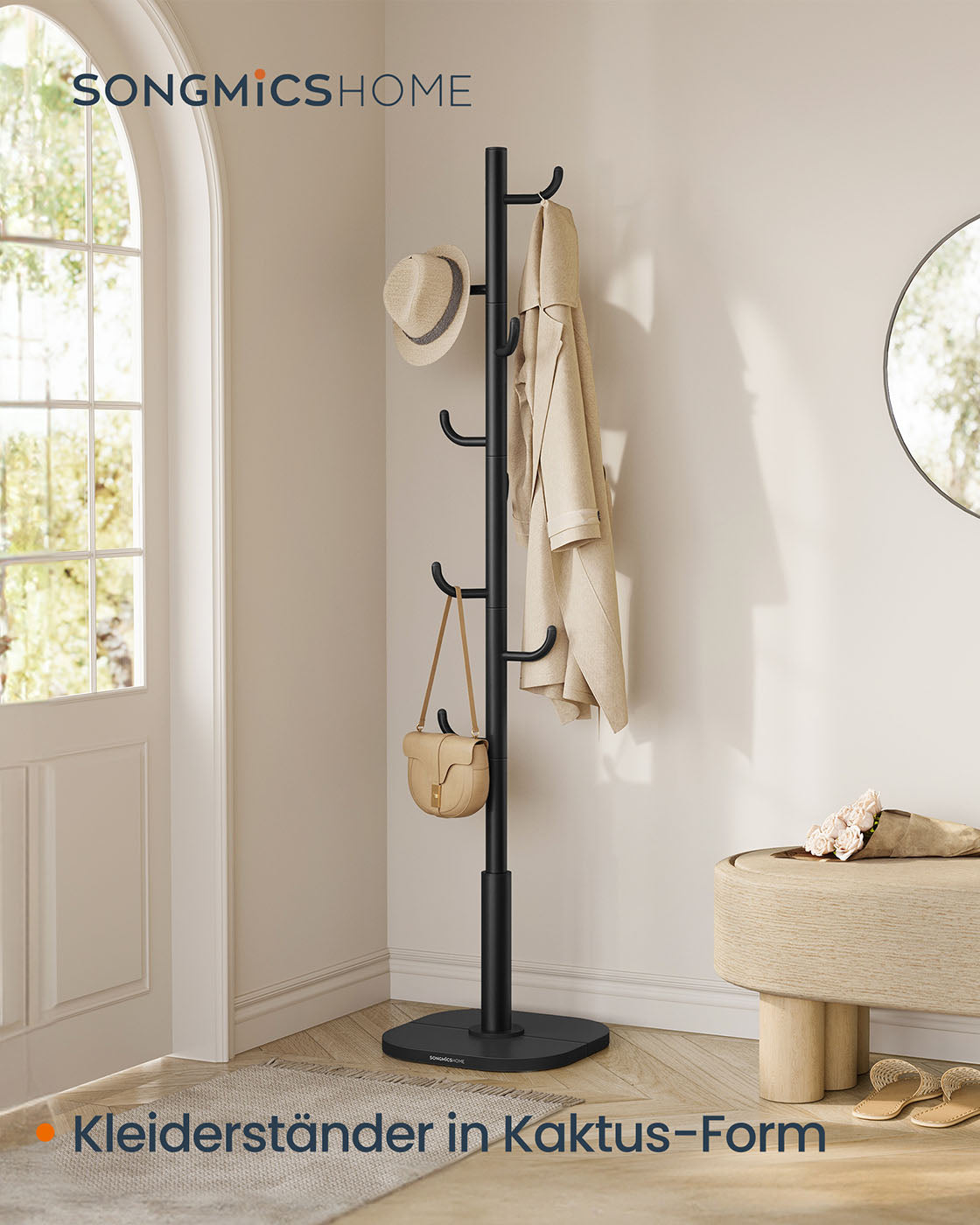 Freistehende Garderobe in Kaktusform – Metall und MDF – 175 cm hoch – Für Mäntel, Taschen, Schals und mehr