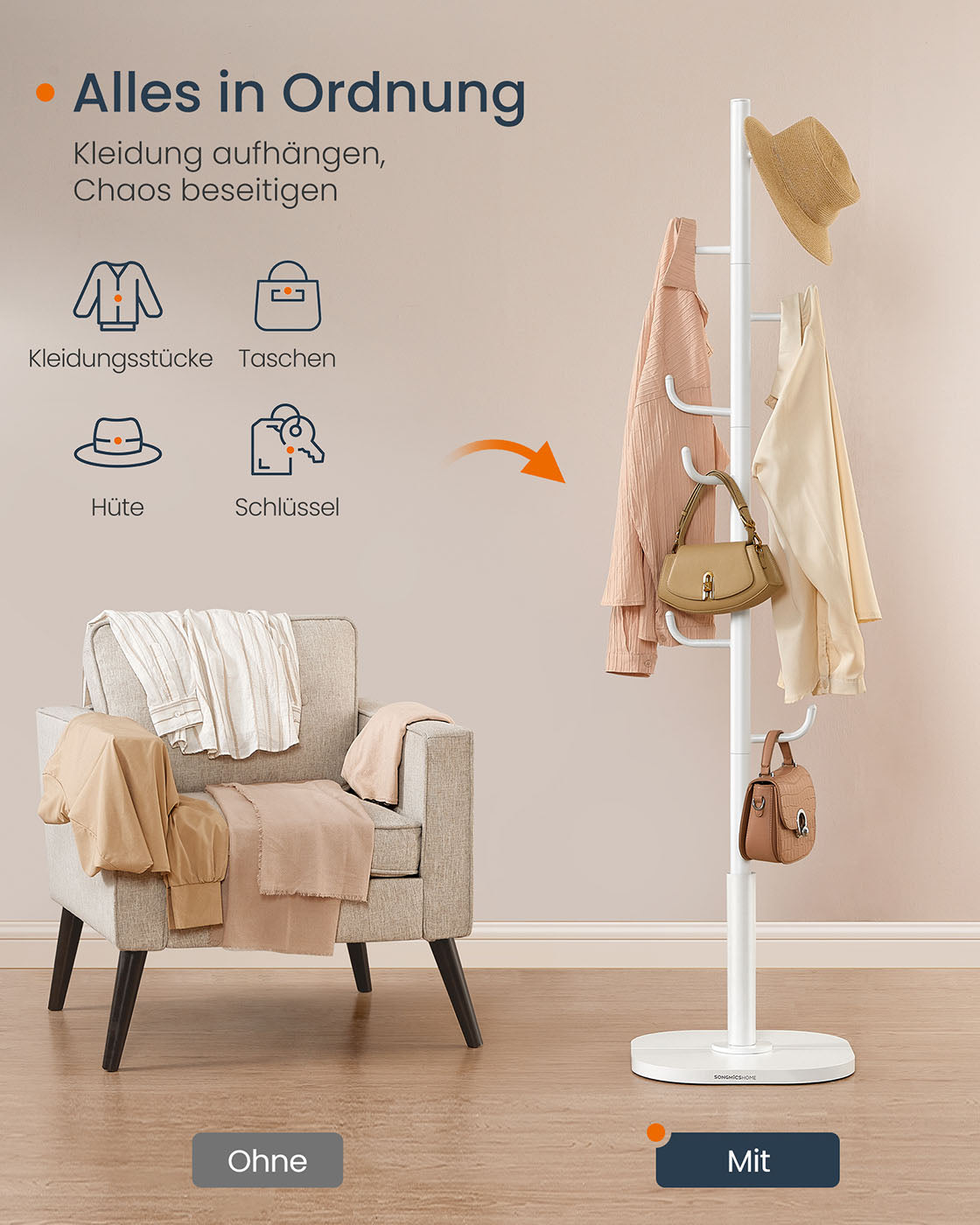 Freistehende Garderobe in Kaktusform – Metall und MDF – 175 cm hoch – Für Mäntel, Taschen, Schals und mehr