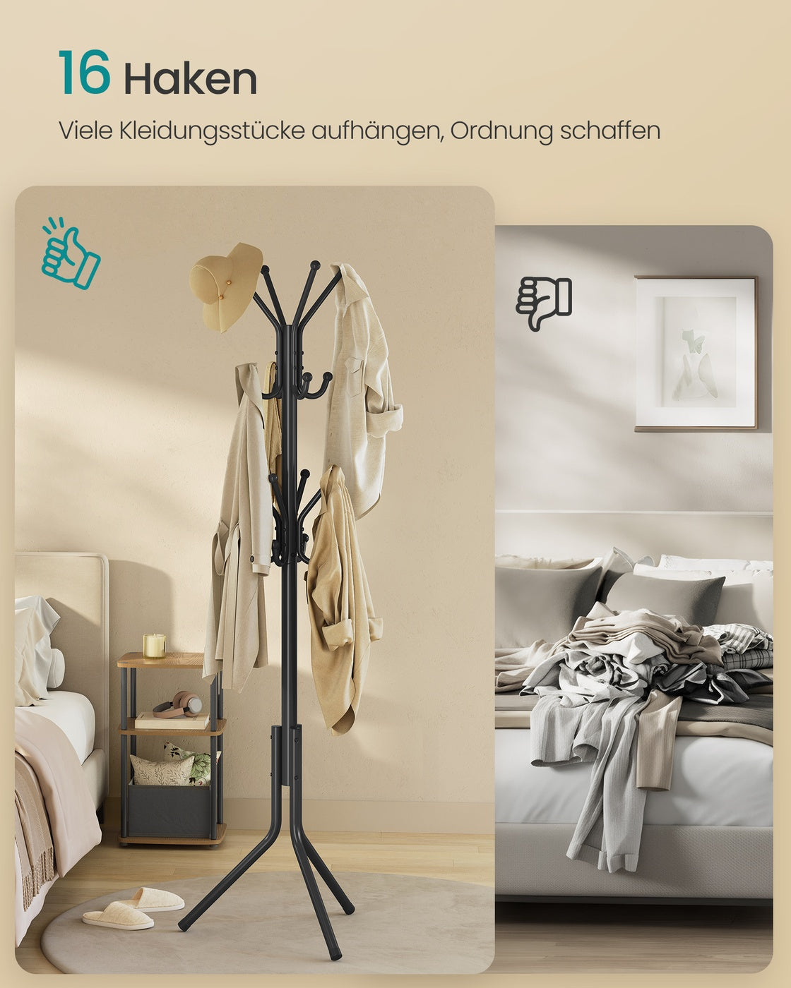 Freistehende Garderobe – mit 16 Haken – Metallgarderobe – freistehender Kleiderschrank für Flur, Schlafzimmer oder Büro