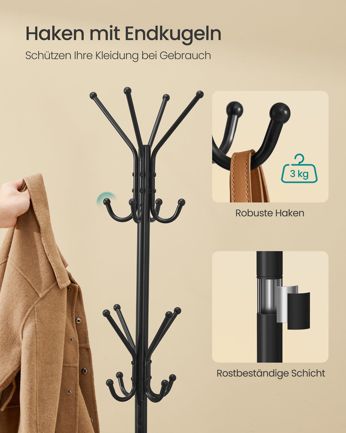 Freistehende Garderobe – mit 16 Haken – Metallgarderobe – freistehender Kleiderschrank für Flur, Schlafzimmer oder Büro