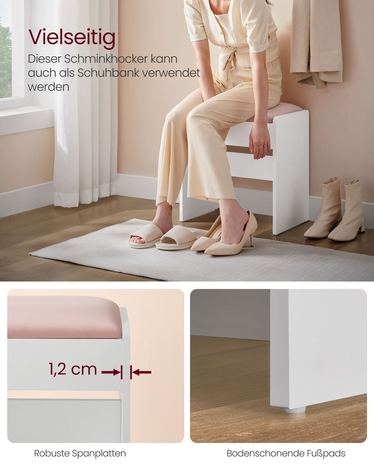 Schminkhocker – Sitzfläche aus Samt – 120 kg Tragkraft – Weißer Holzhocker mit rosa Polsterung