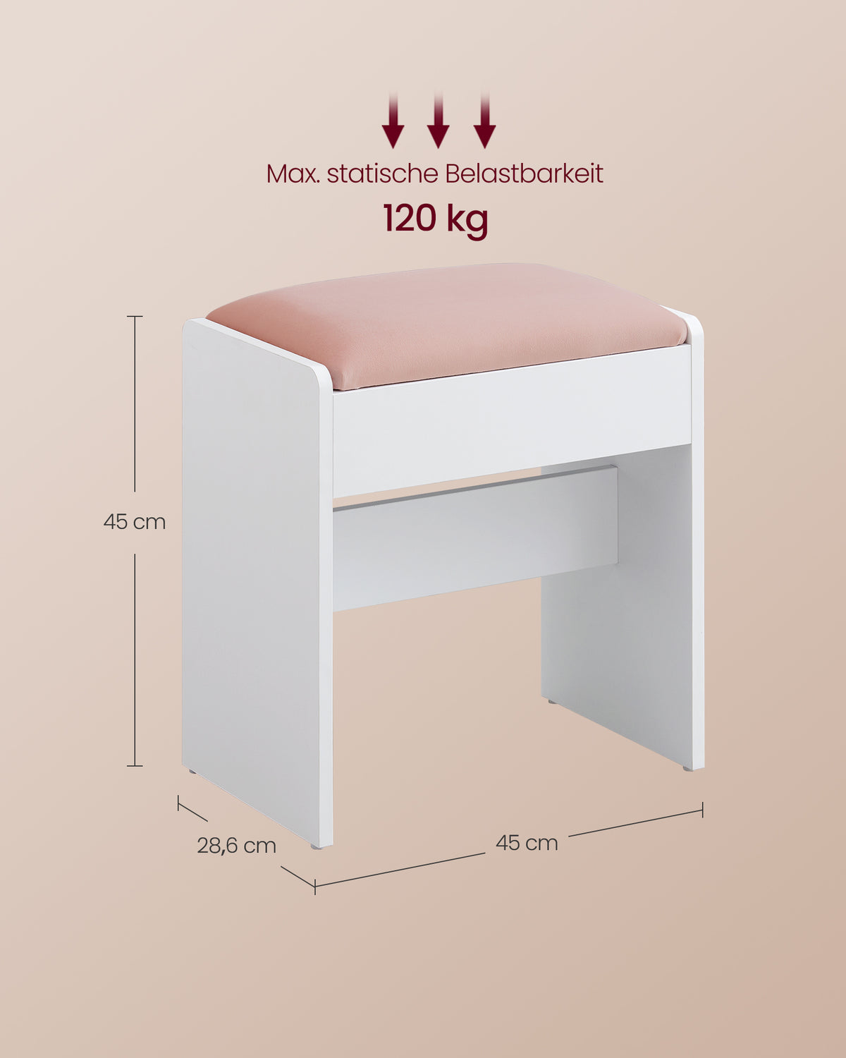 Schminkhocker – Sitzfläche aus Samt – 120 kg Tragkraft – Weißer Holzhocker mit rosa Polsterung