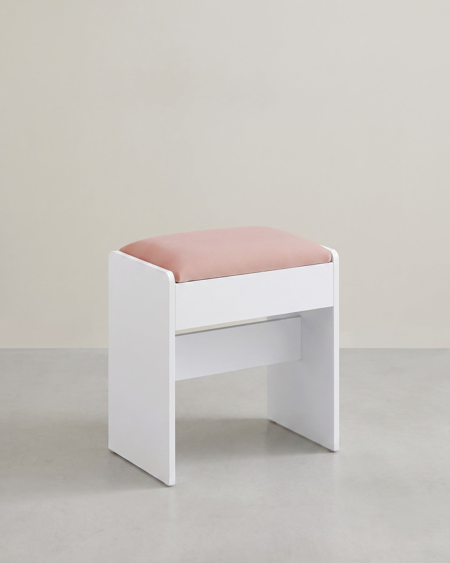 Schminkhocker – Sitzfläche aus Samt – 120 kg Tragkraft – Weißer Holzhocker mit rosa Polsterung