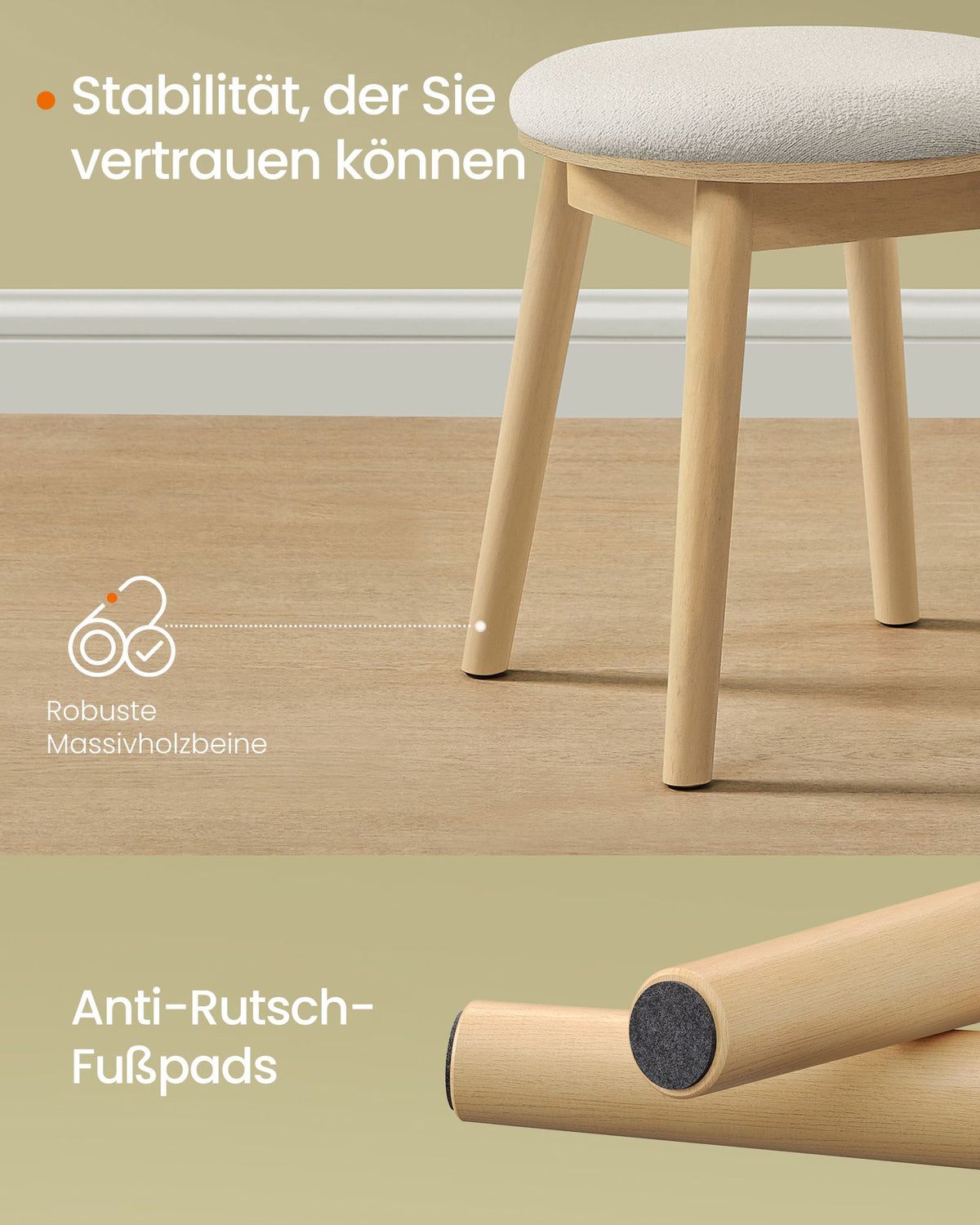 BOHO Hocker – Runder Schminkhocker – Bouclé-Polsterung – Massivholz – 43 cm hoch