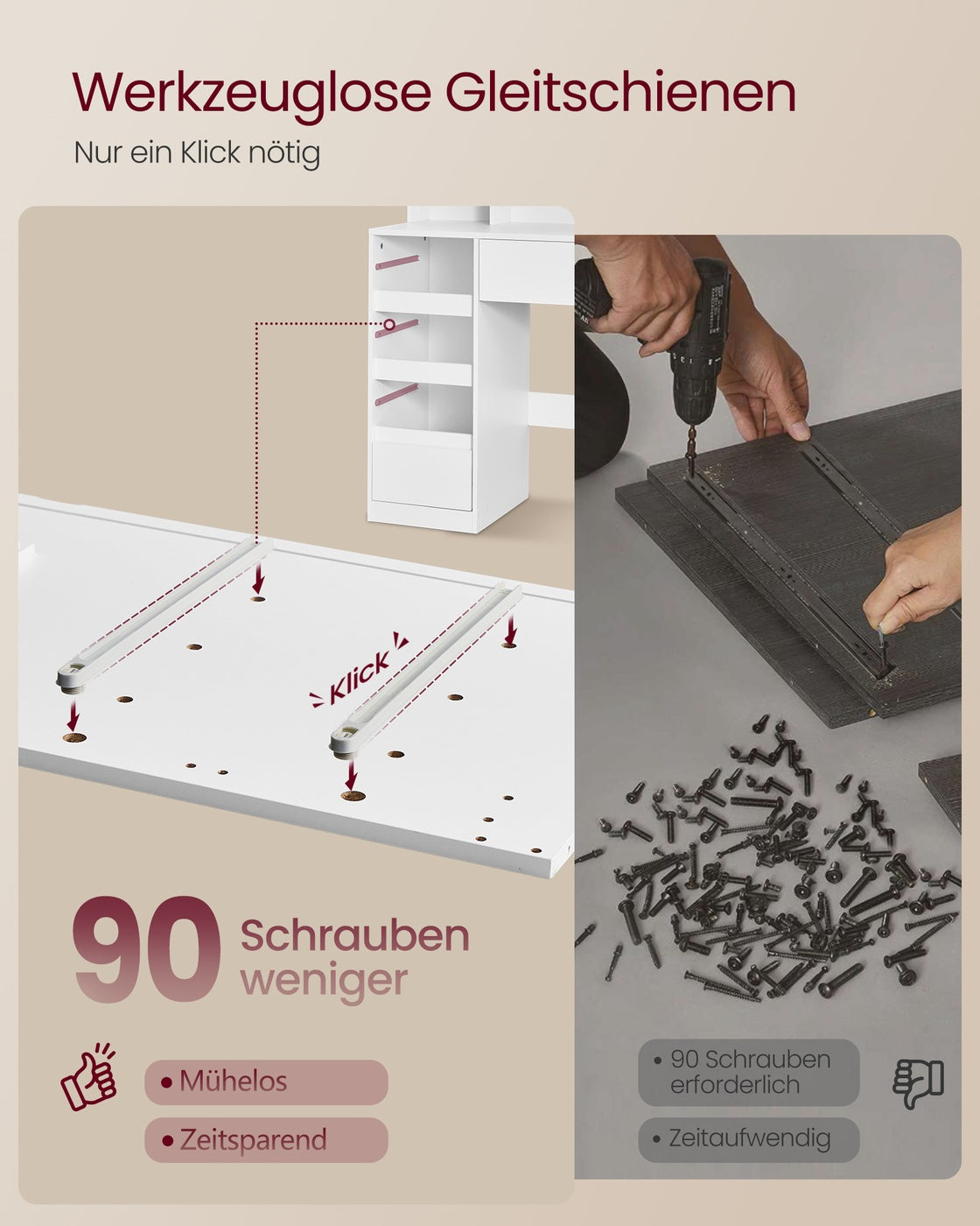 Moderner Schminktisch mit LED-Spiegel – 9 Schubladen – 110 cm breit – Weiß – inklusive 10-fach vergrößerndem Spiegel
