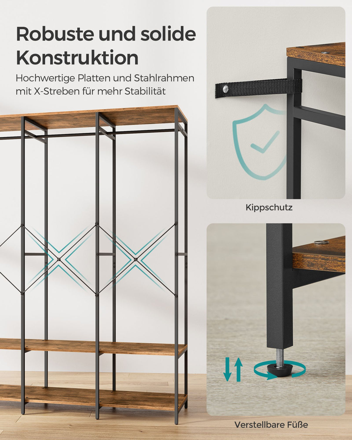 Offener Kleiderschrank mit Metallrahmen und Holzregalen