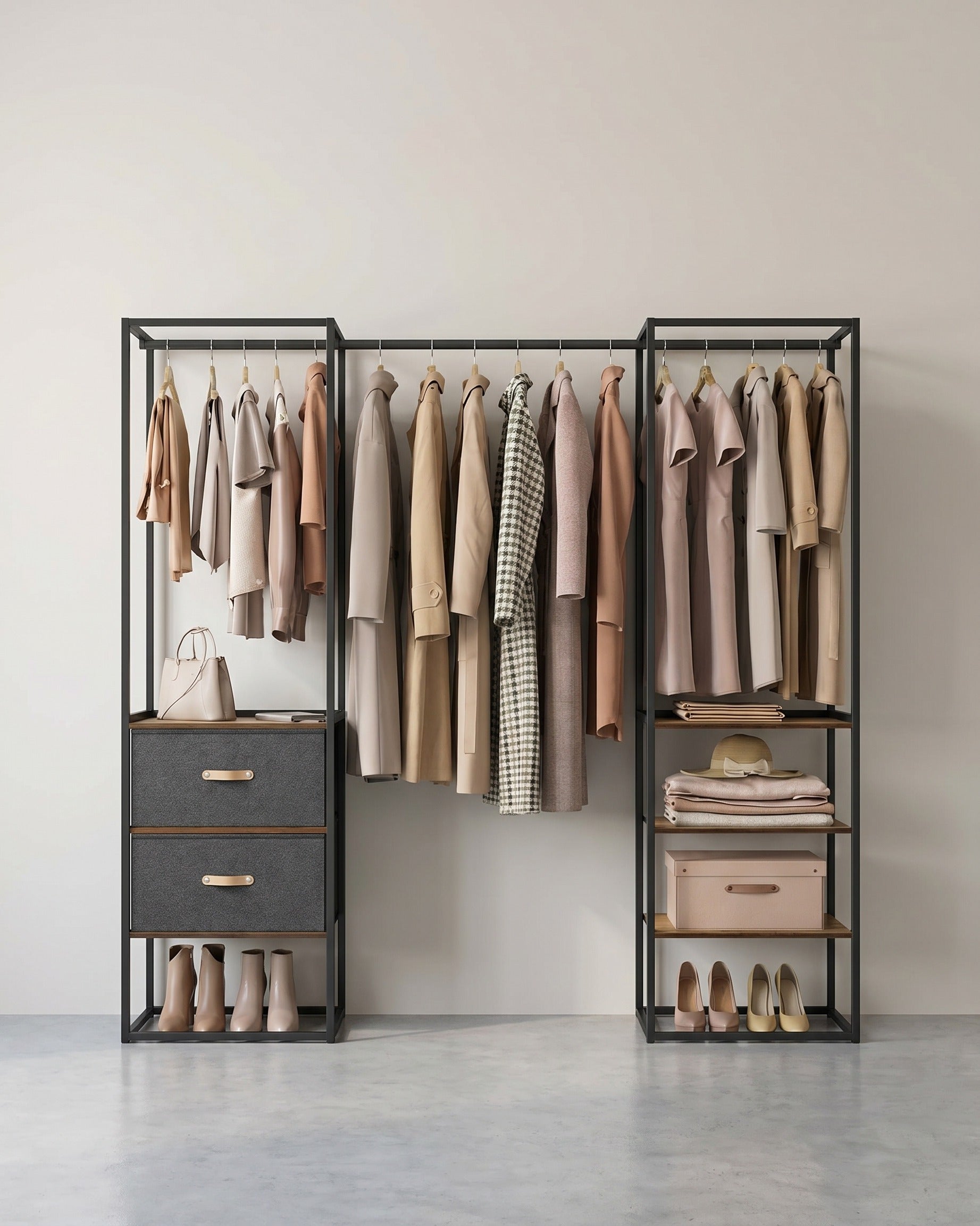 Multifunktionaler Kleiderschrank mit ausziehbarer Kleiderstange und Schubladen – flexible Aufteilung und robuste Konstruktion – braun