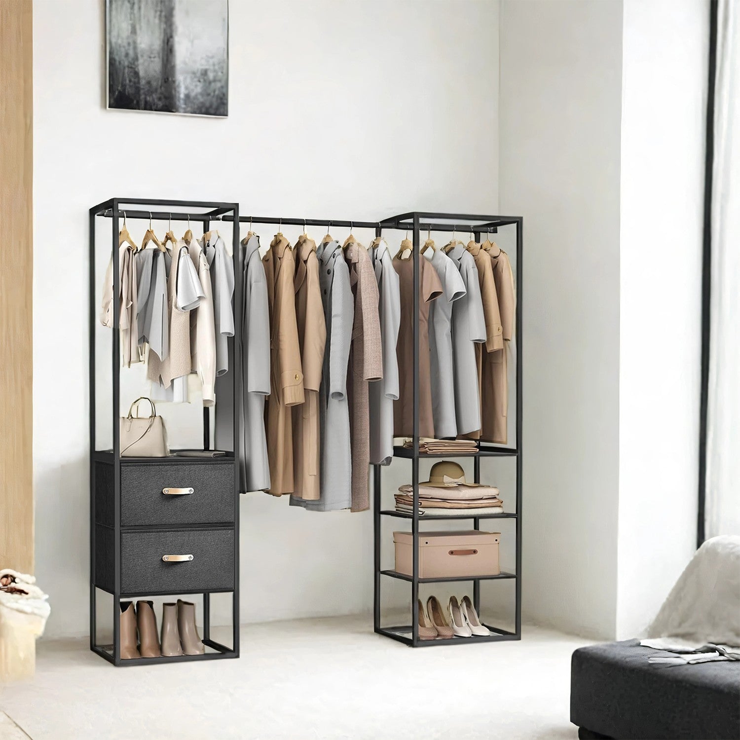 Kleiderschrank mit ausziehbarer Kleiderstange und Schubladen – multifunktional – verstellbare Aufteilung