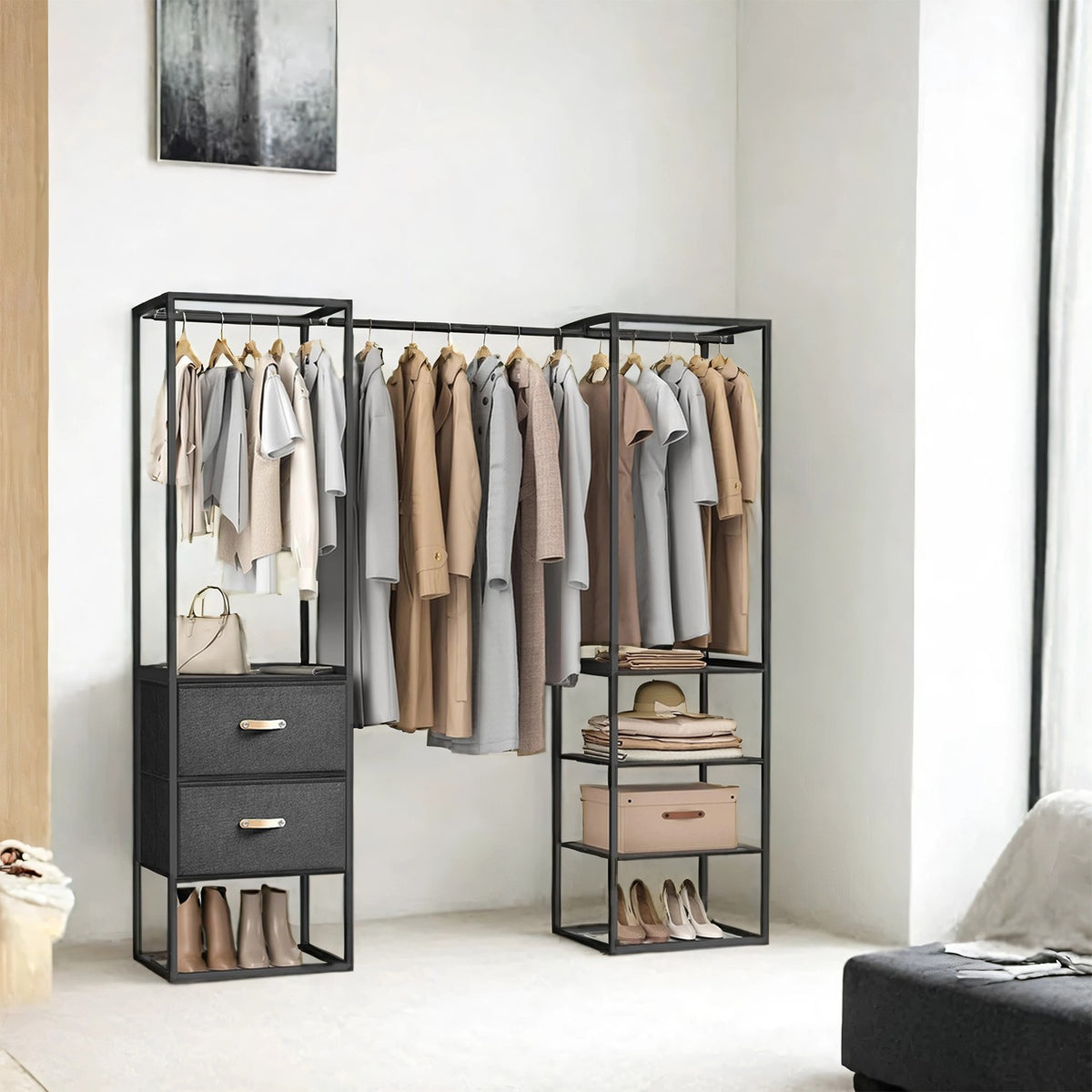 Kleiderschrank mit ausziehbarer Kleiderstange und Schubladen – multifunktional – verstellbare Aufteilung
