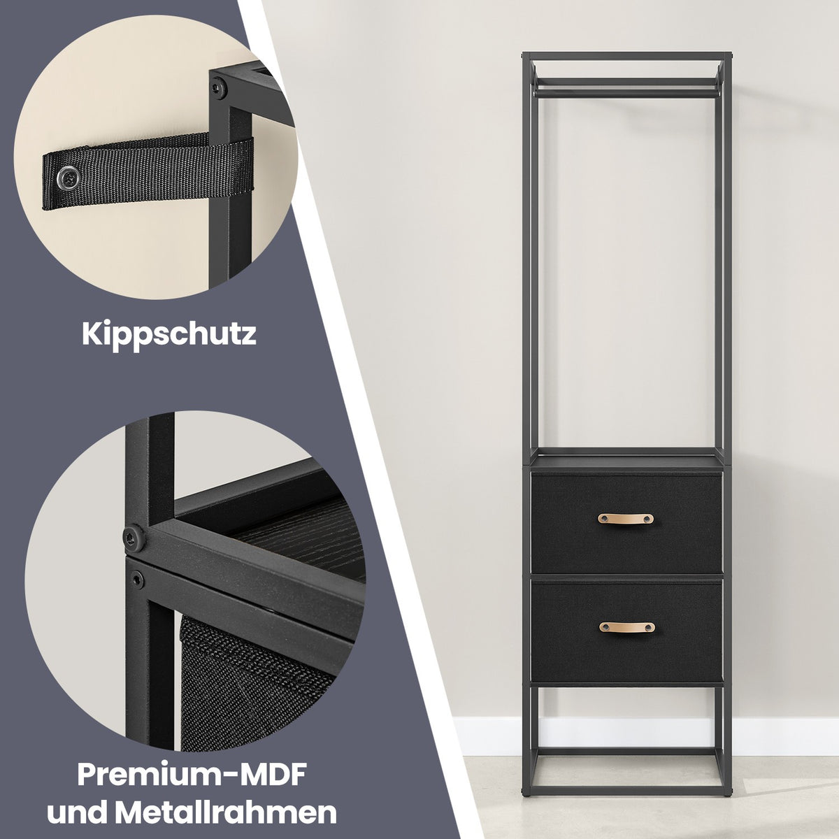 Kleiderschrank mit ausziehbarer Kleiderstange und Schubladen – multifunktional – verstellbare Aufteilung