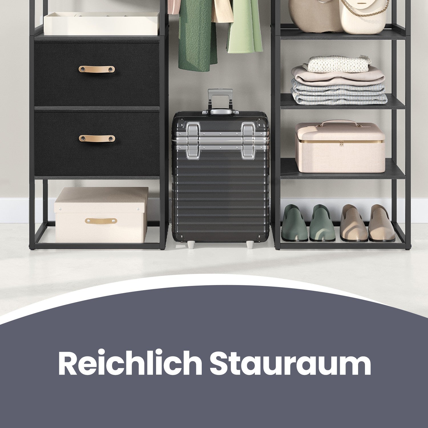 Kleiderschrank mit ausziehbarer Kleiderstange und Schubladen – multifunktional – verstellbare Aufteilung