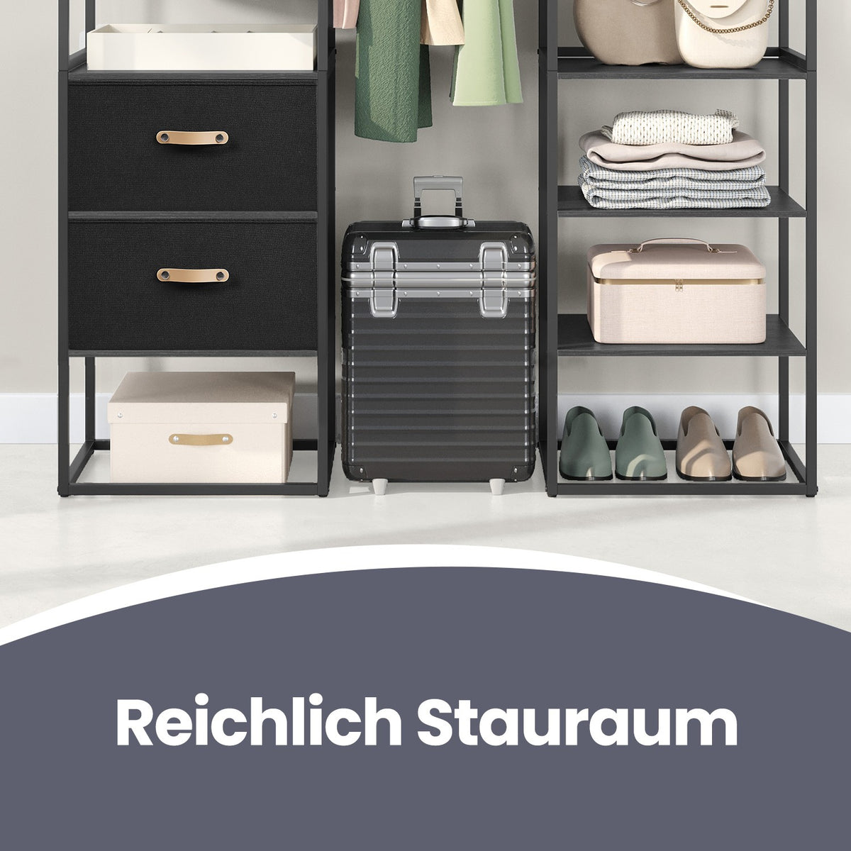 Kleiderschrank mit ausziehbarer Kleiderstange und Schubladen – multifunktional – verstellbare Aufteilung