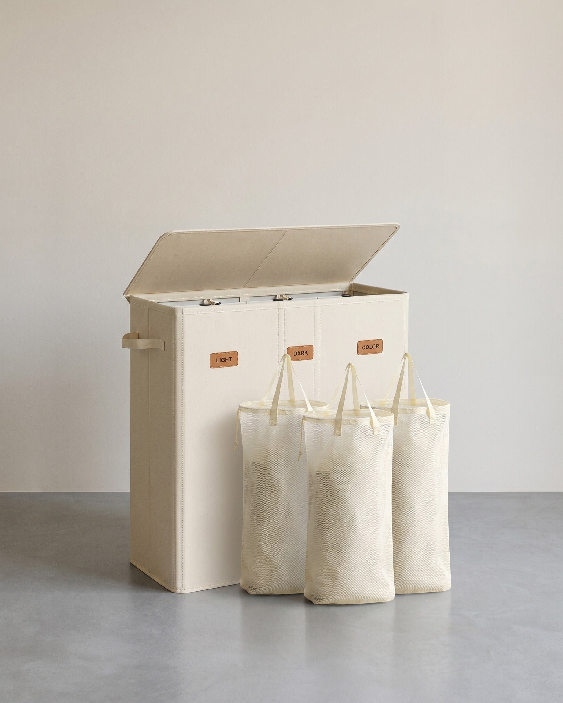 Wäschekorb mit 3 Fächern – 160L/210L – Herausnehmbarer Innenbeutel – Mit Deckel – Creme