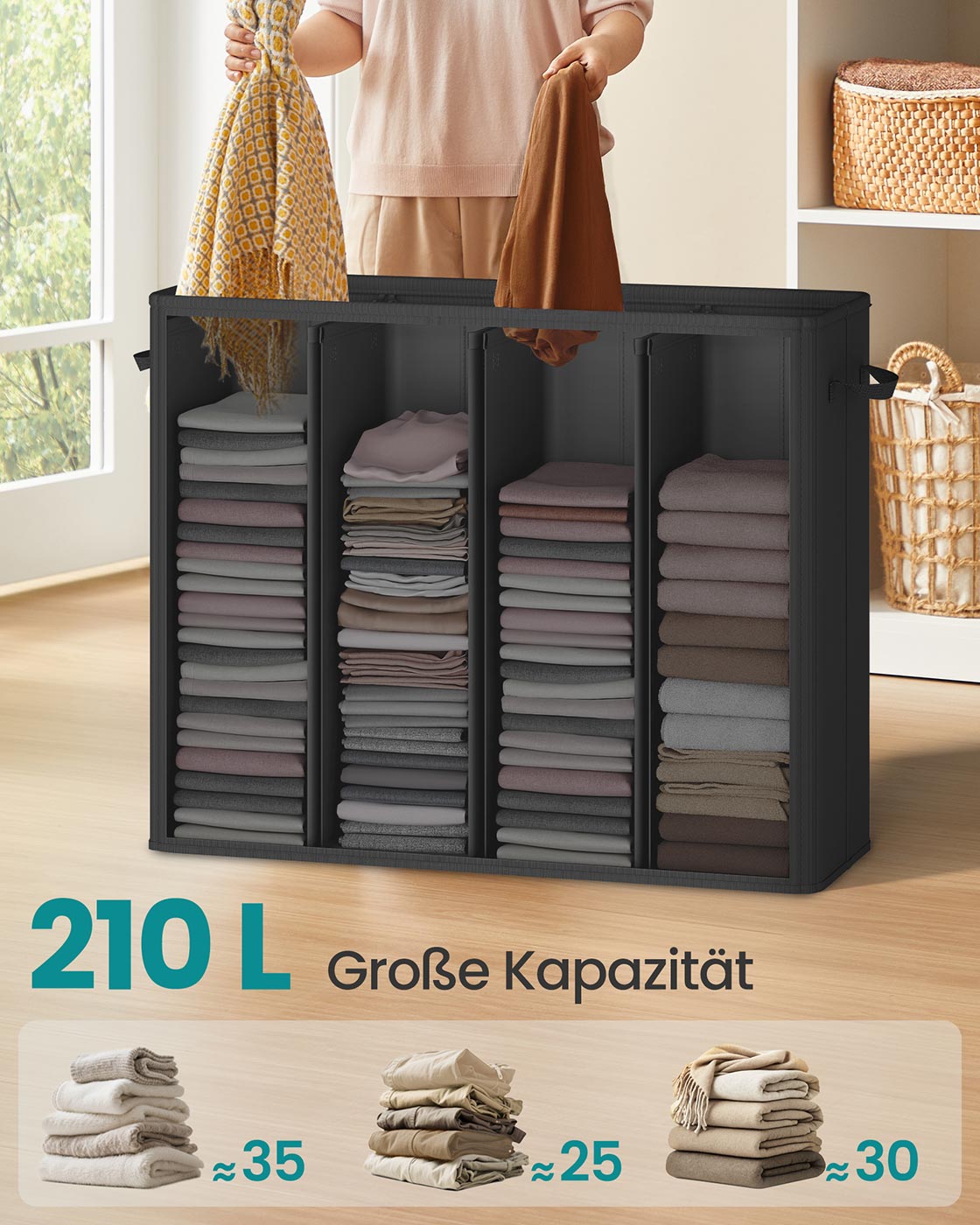 Wäschekorb mit 3 Fächern – 160L/210L – Herausnehmbarer Innenbeutel – Mit Deckel
