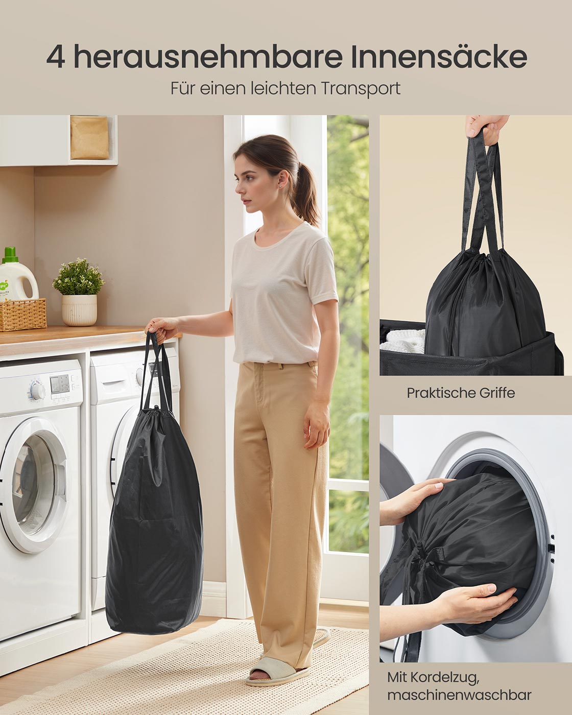 Wäschekorb mit 3 Fächern – 160L/210L – Herausnehmbarer Innenbeutel – Mit Deckel