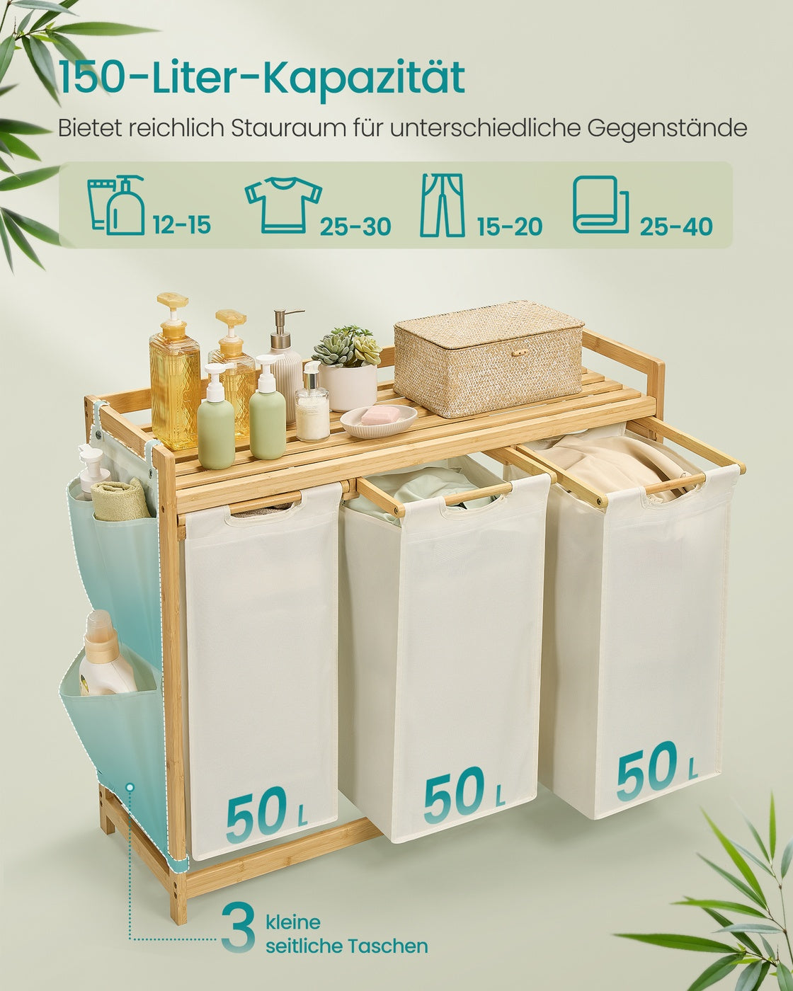 Bambus-Wäschekorb mit 3 Fächern - 150 Liter